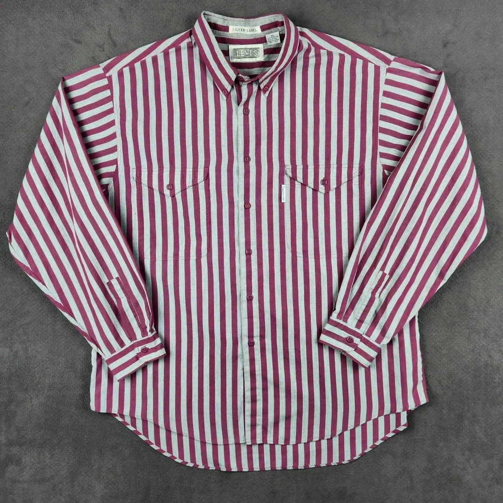 Vintage‎ Levis Silver Label Shirt Mens XL Burgundy Gray Striped Button Up Big E